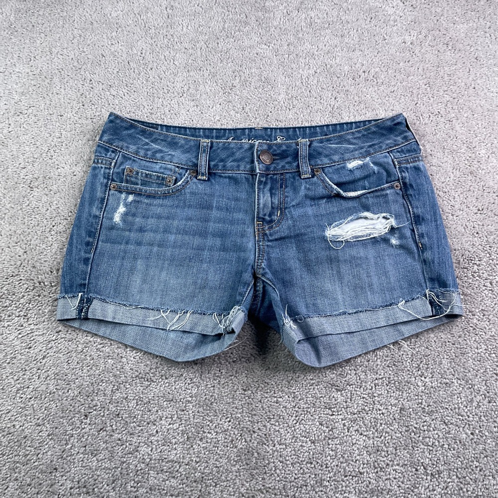 American Eagle Jean Shorts Womens 4 Blue Distressed Frayed Hem Cuffed Denim